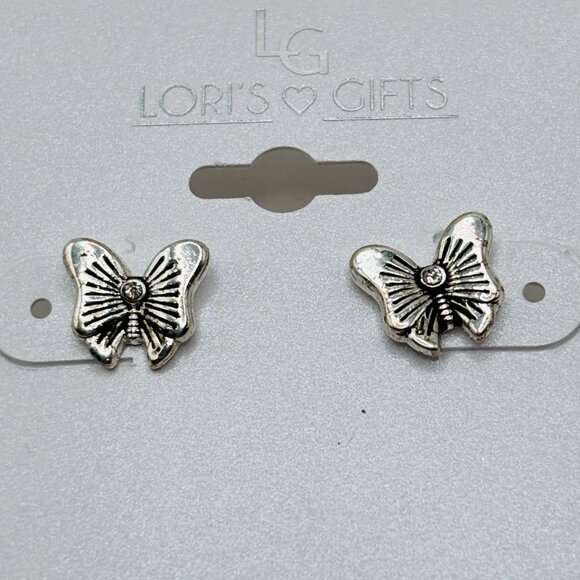 Lori’s Gifts Silver Tone Butterfly Stud Earrings Rhinestone Accent Sensitive Ear - Picture 2 of 4
